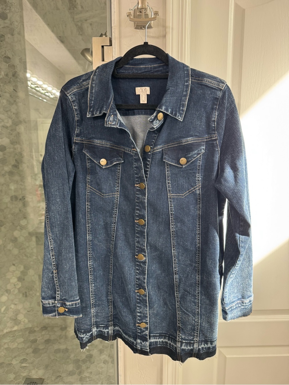 LOGO Lori Goldstein Denim Jacket Size 14 Stretch Longline Dark Wash